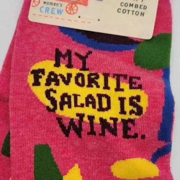 BLUE Q MY FAVORITE SALAD IS WINE WOMEN'S SIZE 5 - 10 CREW SOCKS PINK BLUE YELLOW - Picture 6 of 12